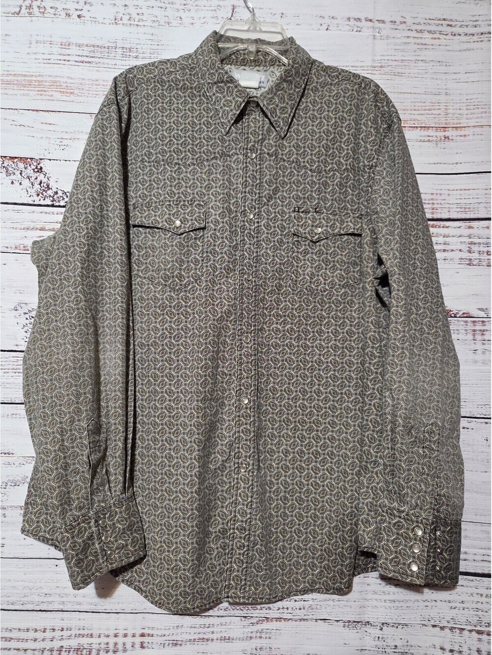 Wrangler Wrancher Shirt Size L Brown Geometric Pattern Casual Pearl Snap